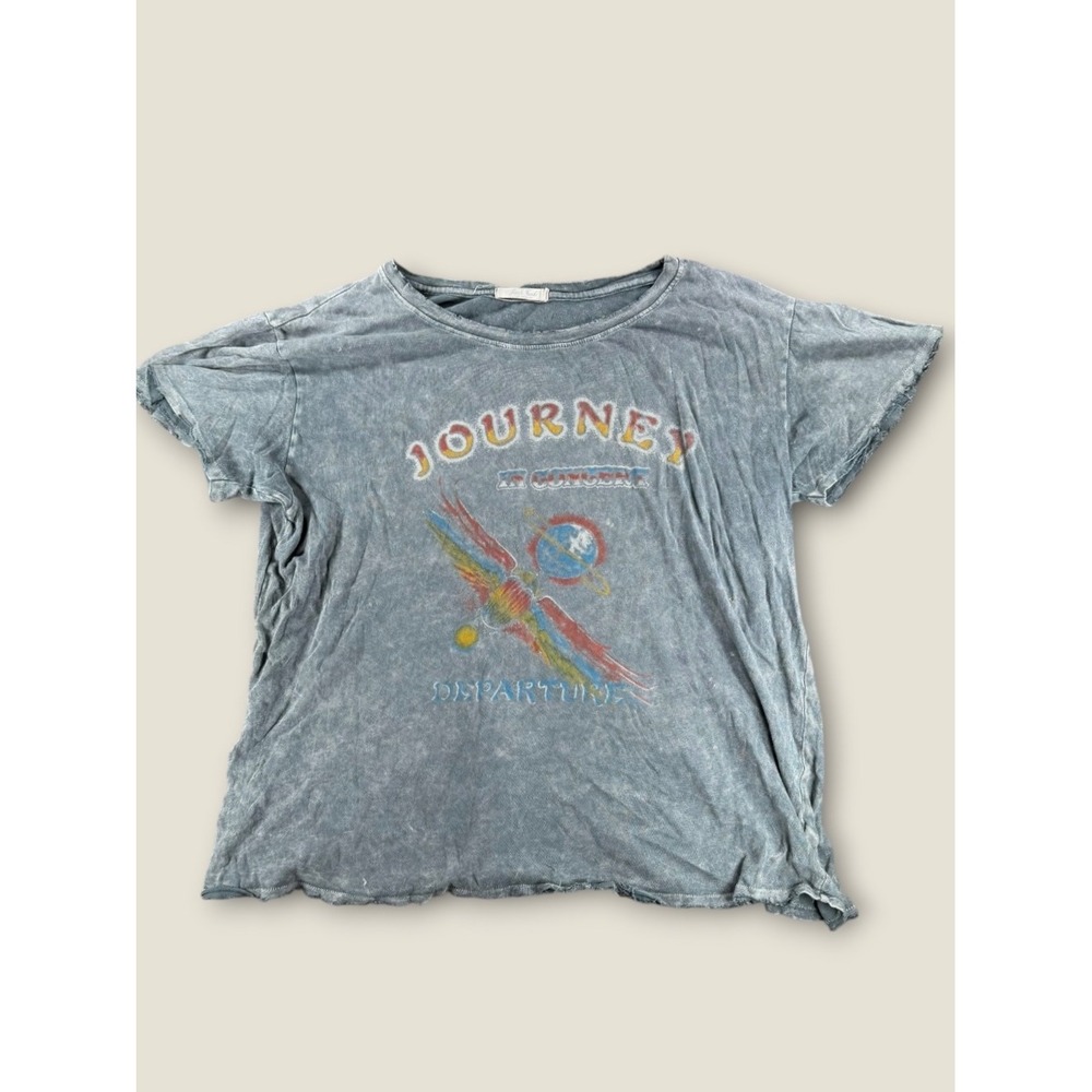 Junk Food Journey Band Tee XL Blue Acid Wash Distressed Graphic T-Shirt USA Made